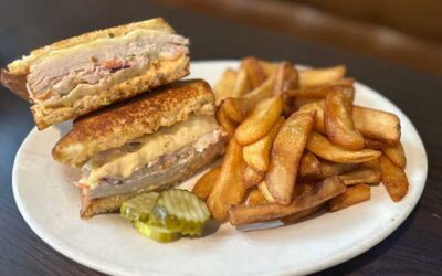 turkey sandwich on a plate with steak fries